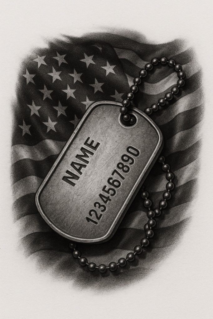 Realistic dog tag over American flag tattoo: one of the most classic military tattoo ideas for any veteran or active service member