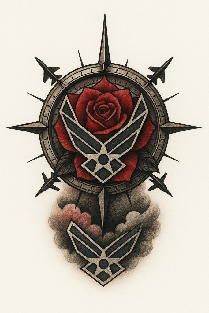 Stylized tattoo featuring the Air Force insignia centered on a compass rose, with fighter jets as compass points and a blooming red rose in the background.