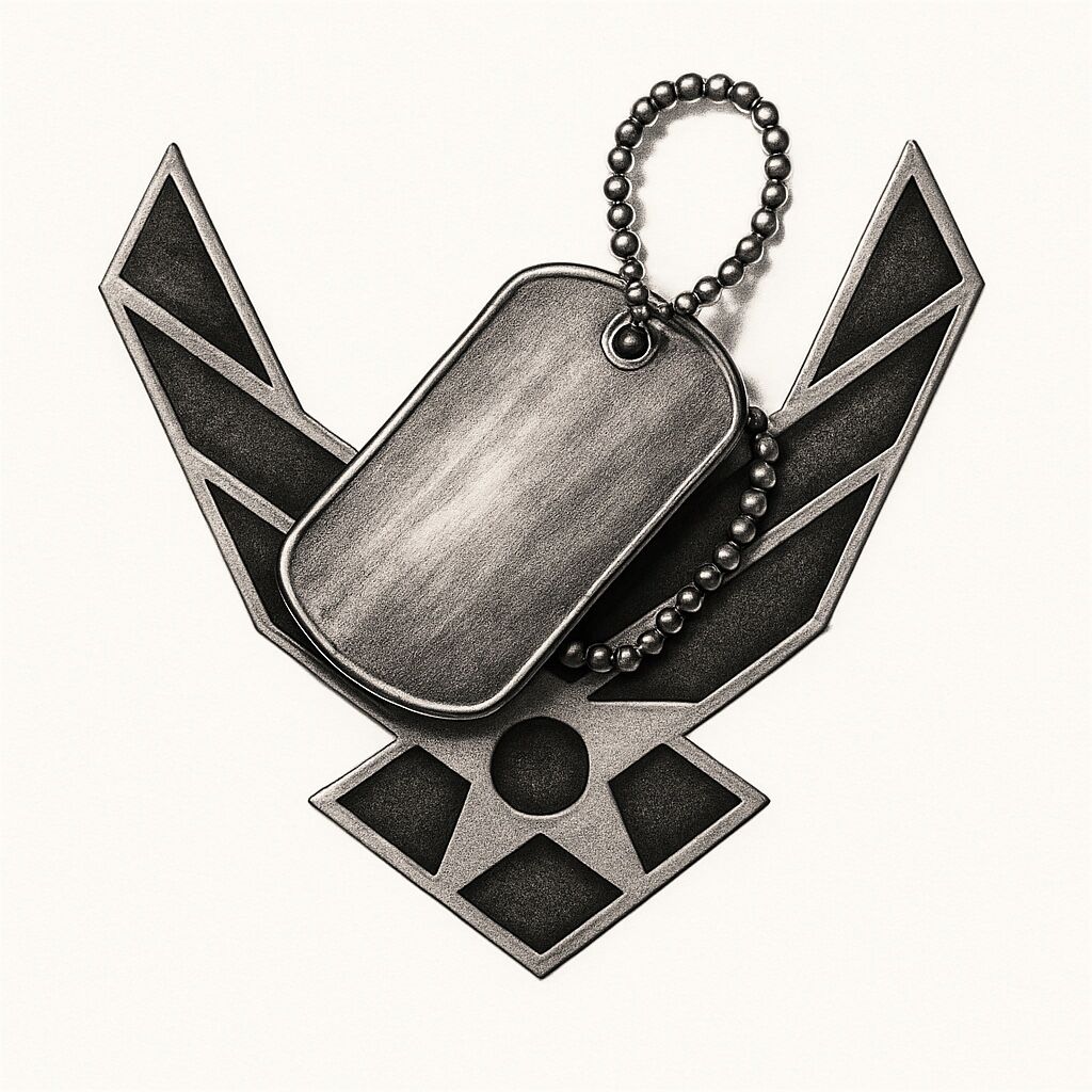 Black and gray realism tattoo of a hyper-detailed dog tag draped diagonally across the Air Force insignia, symbolizing service and identity.


