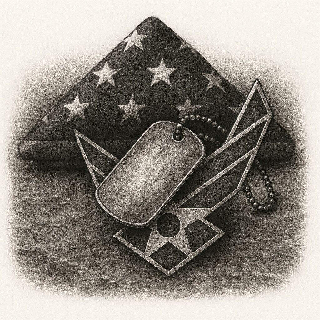 Black and gray tattoo still life of a folded American flag behind a weathered dog tag and Air Force insignia resting on a granite surface.