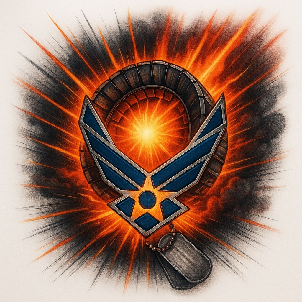 Realistic tattoo design of a jet engine exploding outward in fiery gradients, with the Air Force insignia as the glowing core and motion lines emphasizing propulsion.