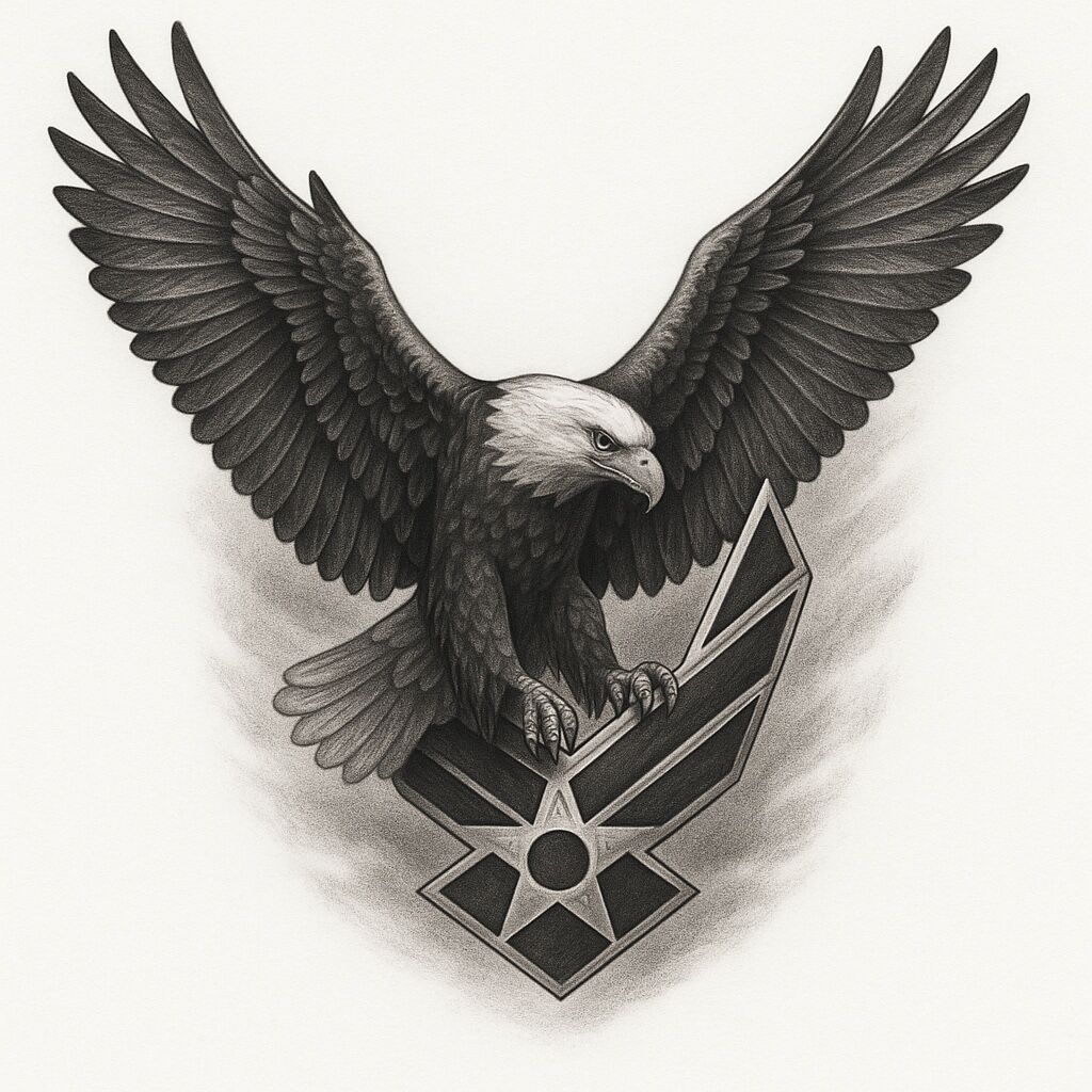Black and gray realism tattoo of a bald eagle mid-flight with extended wings, talons gripping the Air Force insignia like a medallion.