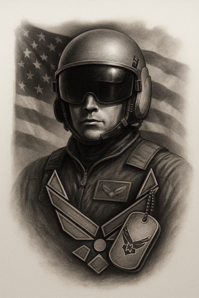 Realistic upper-body portrait of an airman wearing helmet and goggles, with the Air Force insignia embedded in the chest plate and subtle flag shadows behind.